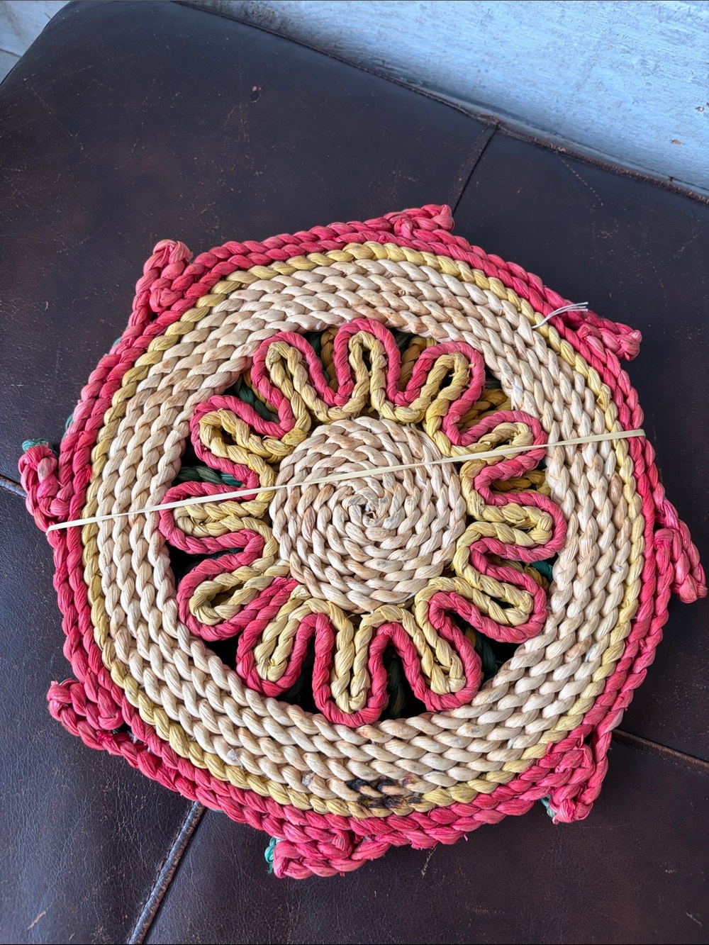 Vintage Handwoven Straw Rope Trivets Set of 2 • Colorful Retro Boho Kitchen Déco